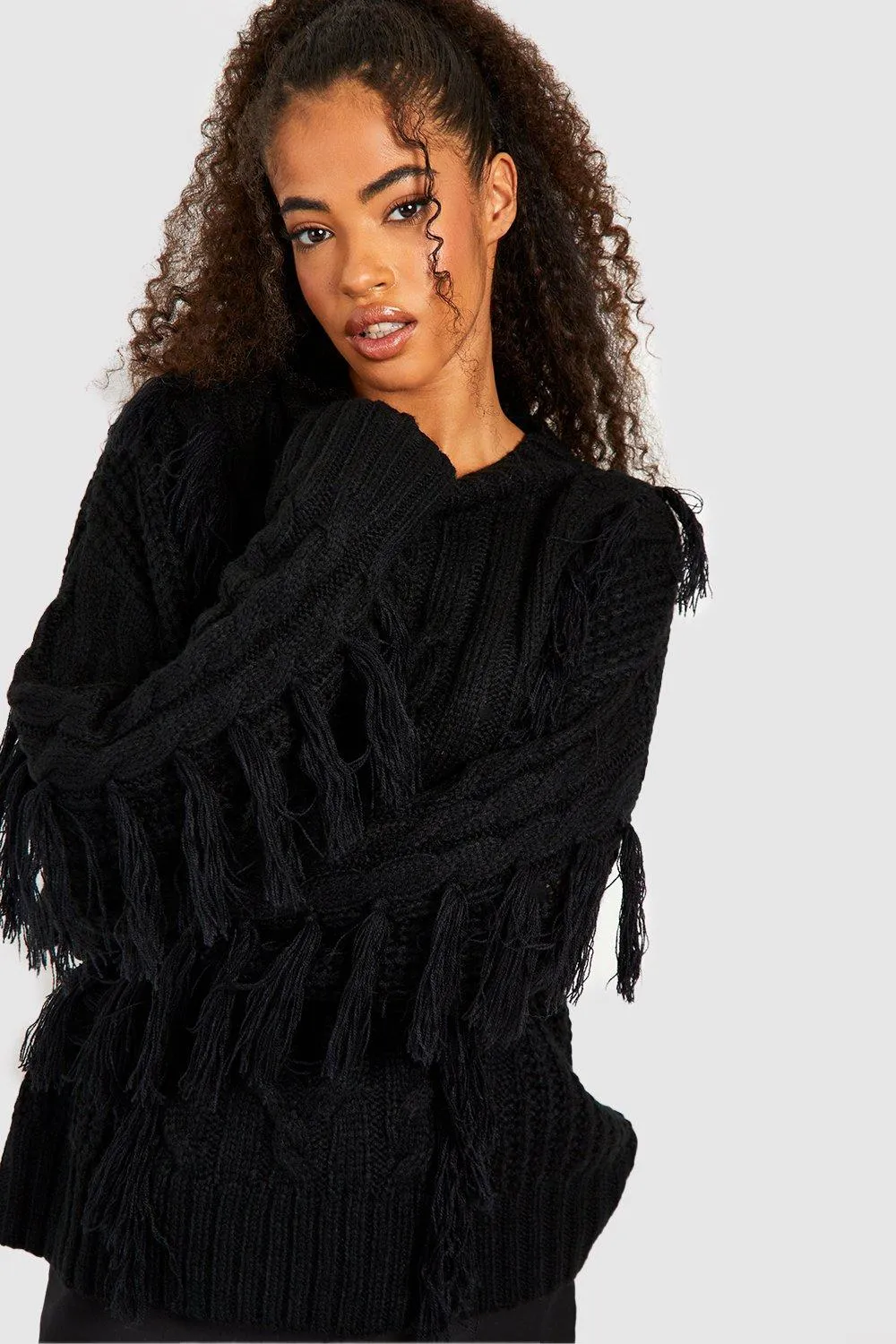 Chunky Cable Knit Jumper with Tassels | Shop Jumpers & Cardigans at boohoo