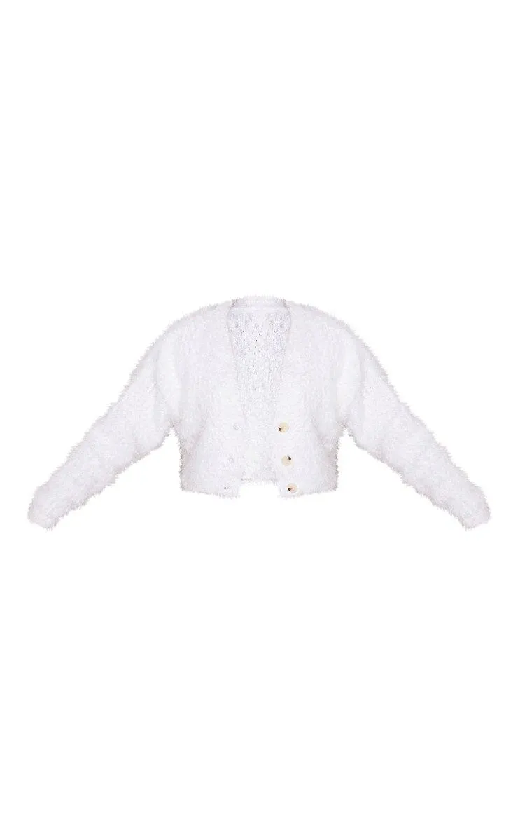 Ecru Eyelash Bobble Knit Button Up Cropped Cardigan PrettyLittleThing