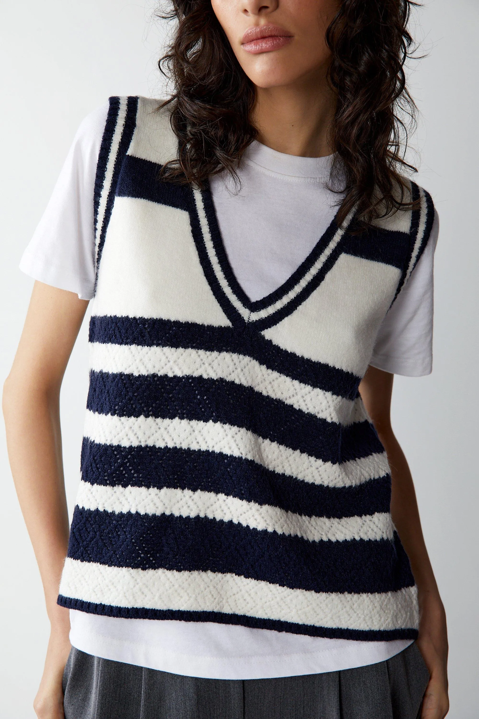 Knitted Crochet Pointelle Stripe Sweater Vest | Jumpers and Cardigans | Warehouse