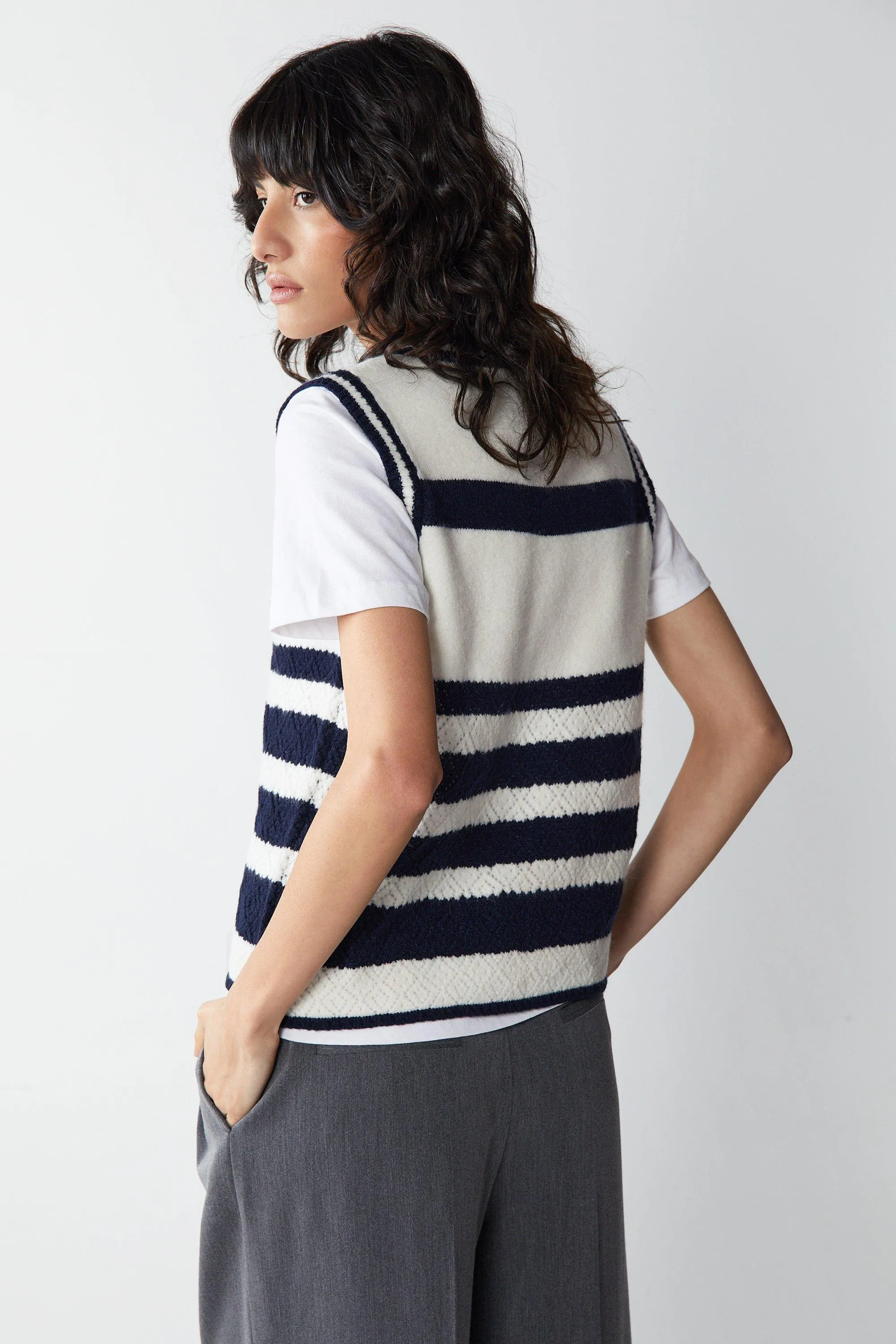 Knitted Crochet Pointelle Stripe Sweater Vest | Jumpers and Cardigans | Warehouse