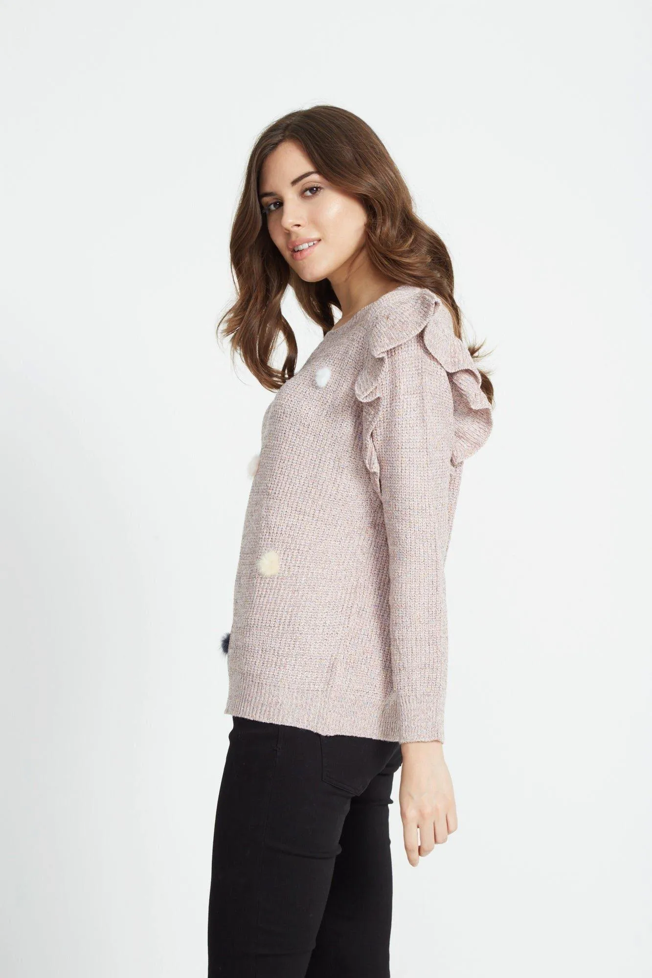 Pink Lurex Jumper with Pom Poms - Liquorish