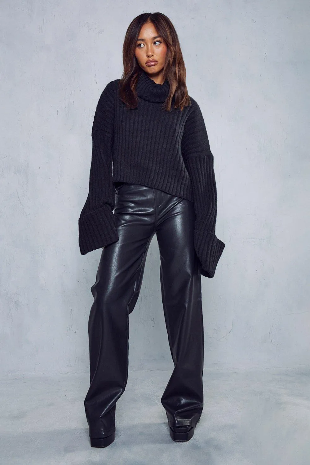 Ribbed Roll Neck Cropped Jumper - MissPap