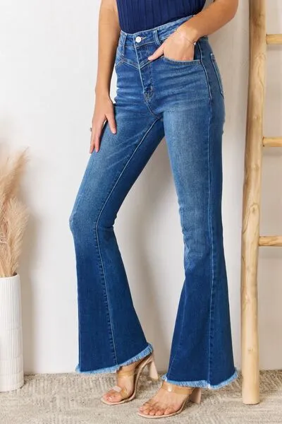 Kancan Flare Jeans with High Rise Raw Hem