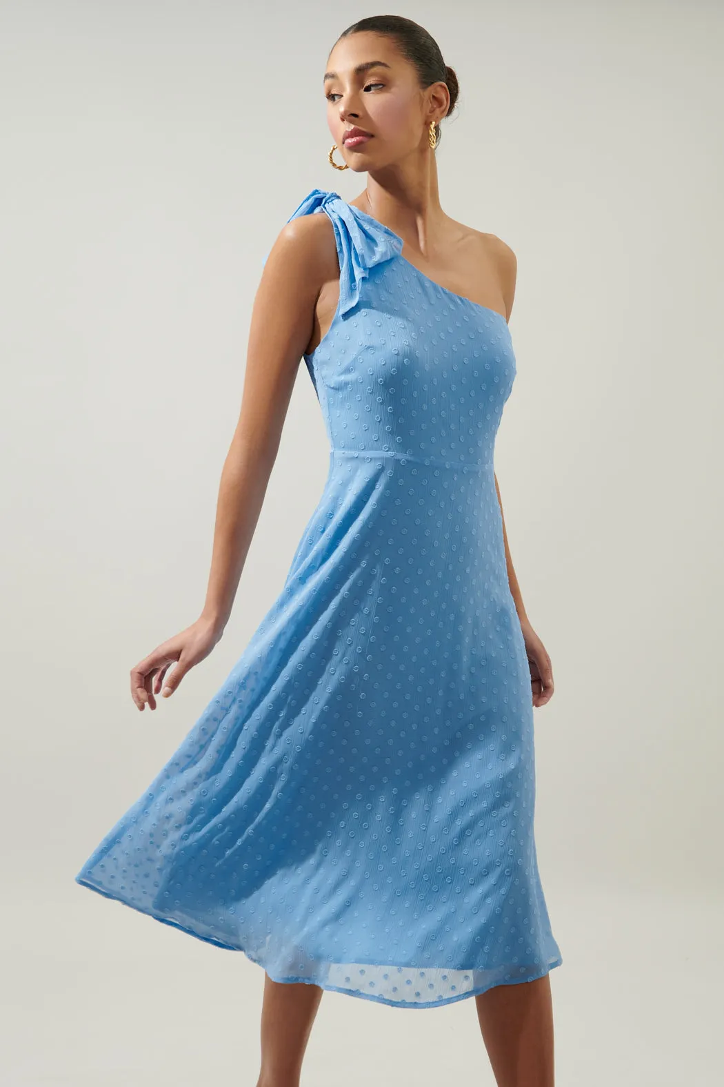 Kismet Chiffon Dot One Shoulder Midi Dress