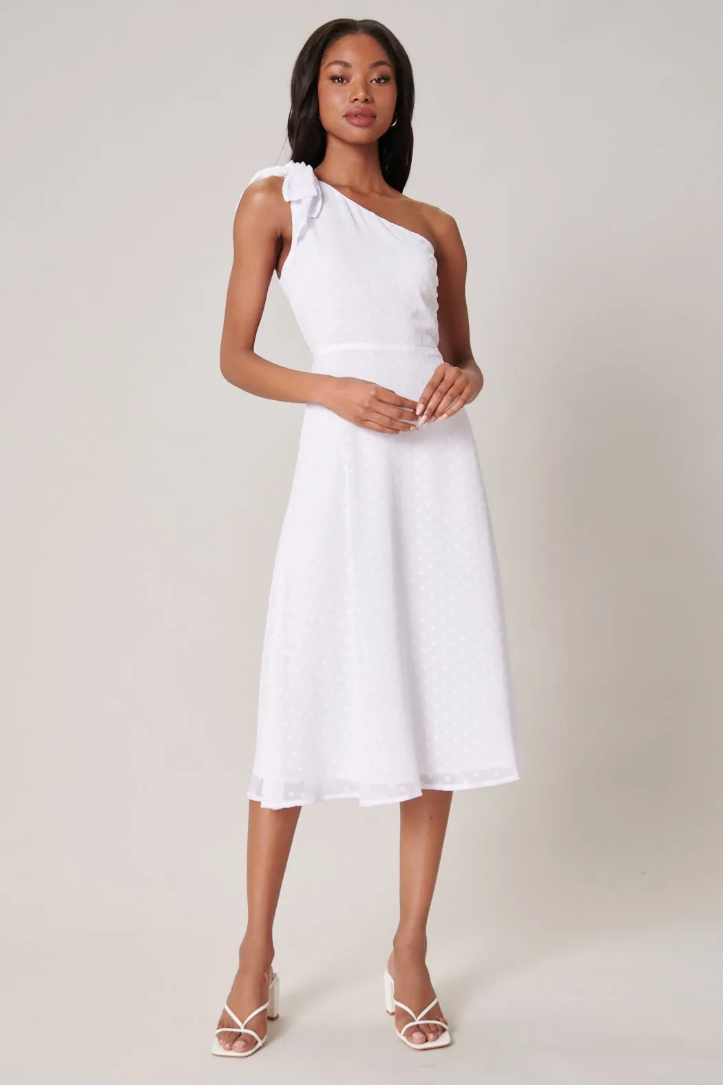 Kismet Chiffon Dot One Shoulder Midi Dress