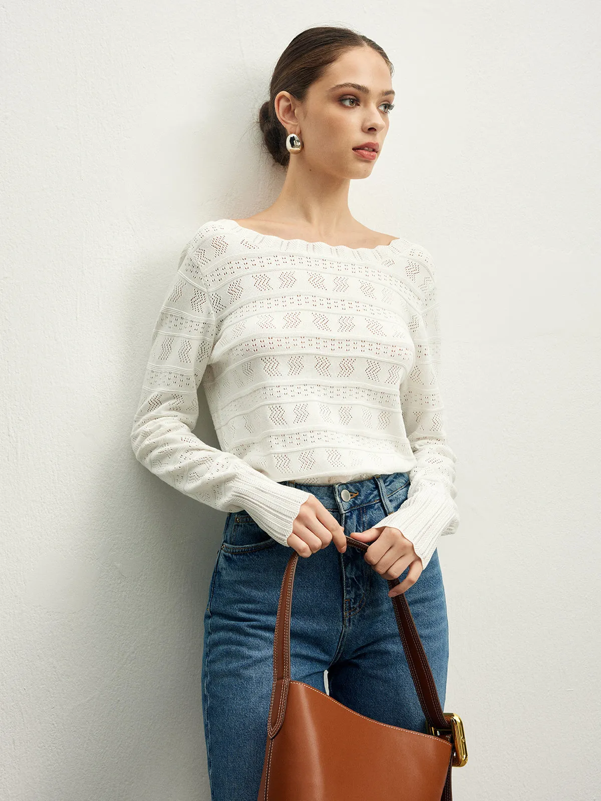 Lettuce Trim Backless Pointelle Knit Top