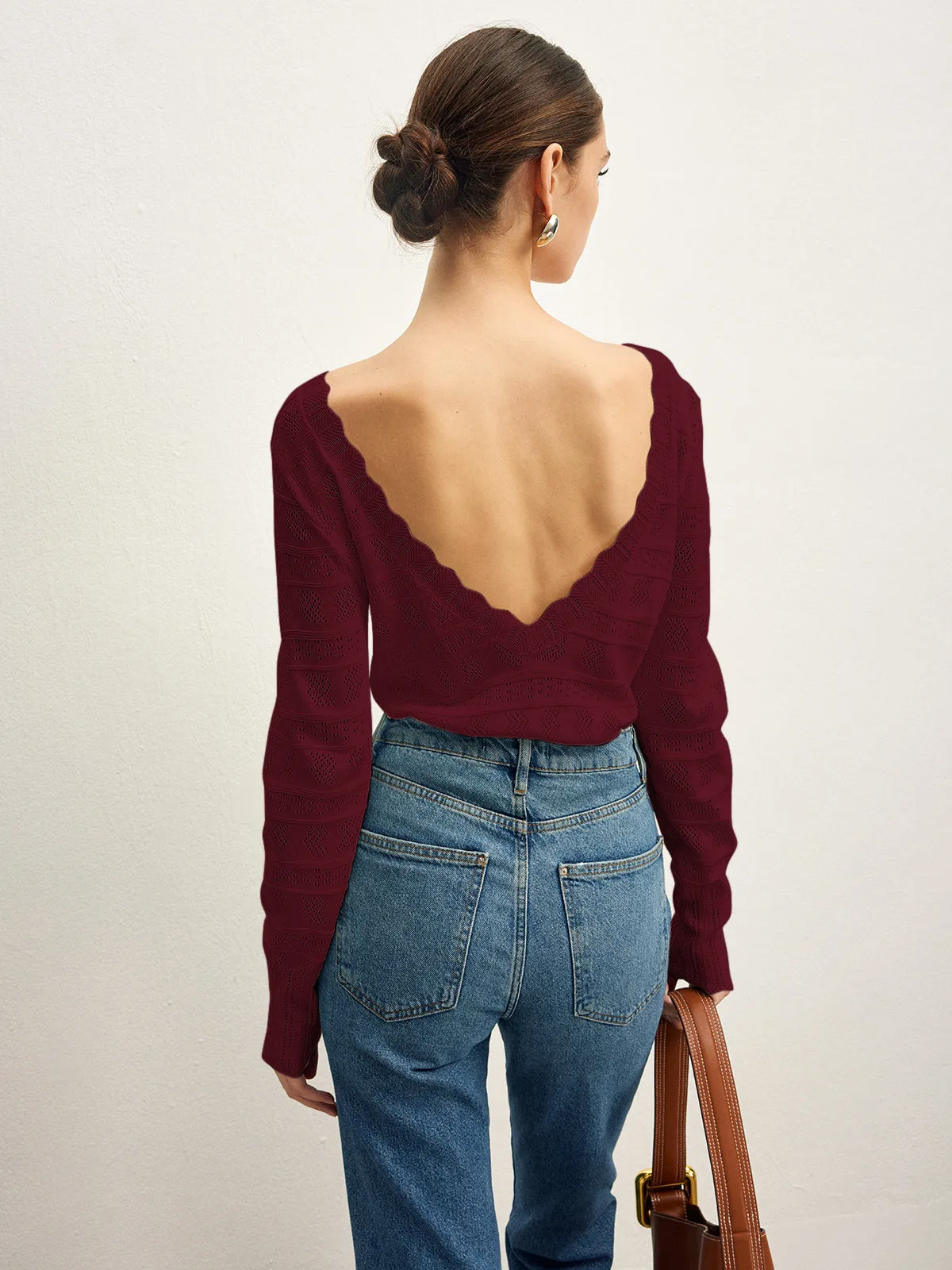 Lettuce Trim Backless Pointelle Knit Top