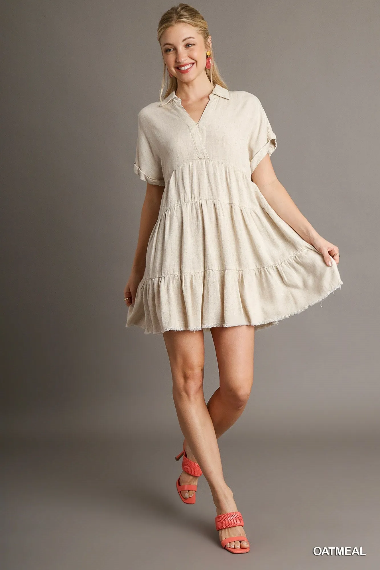 Linen Dress Oatmeal Frayed Hem Tiered