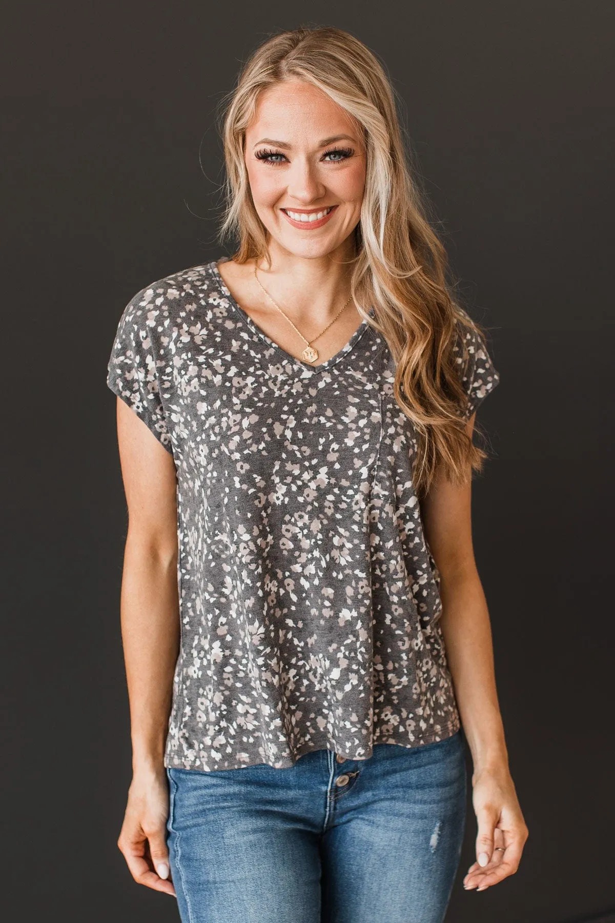 V-Neck Knit Top in Charcoal