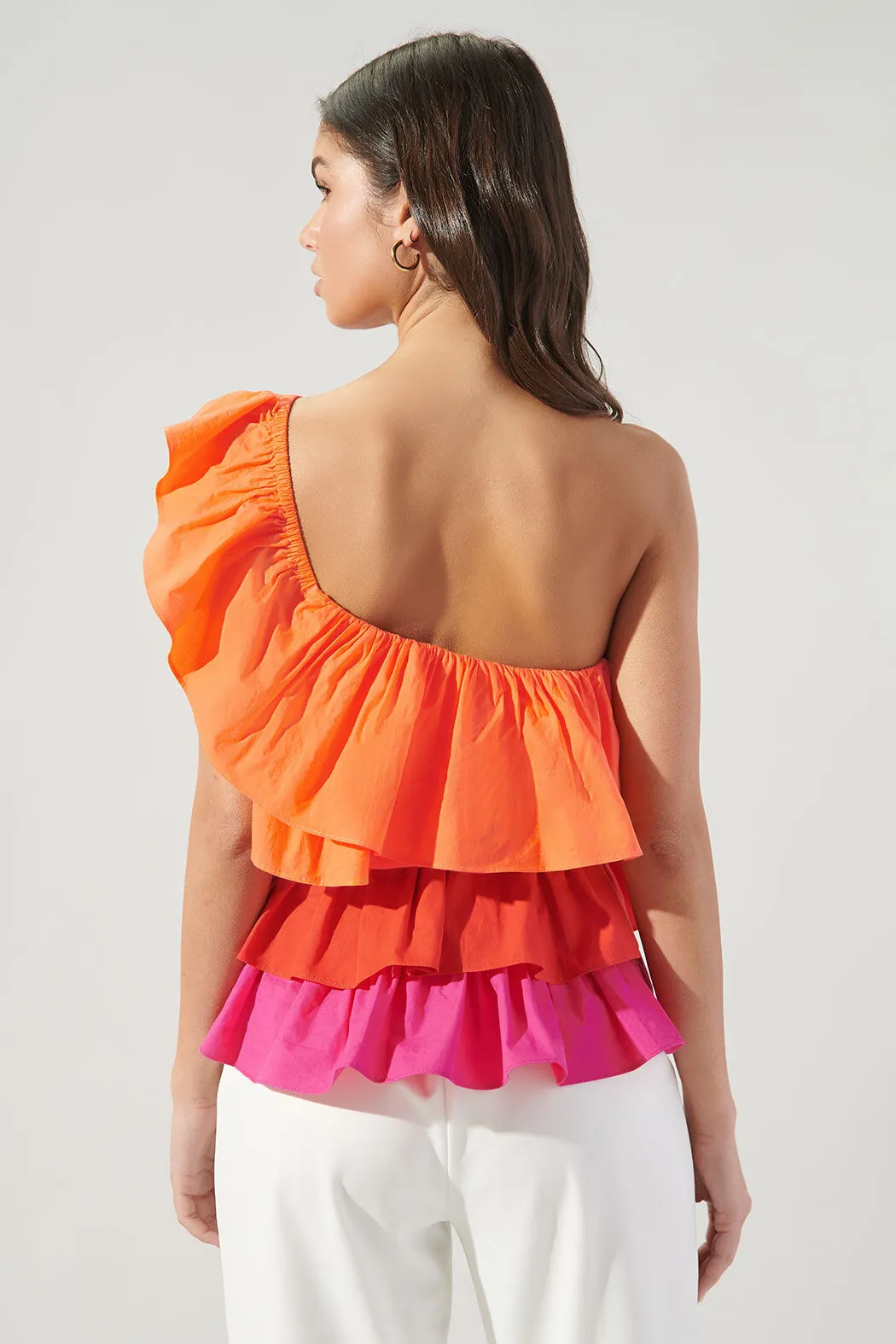 Luciana Colorblock One Shoulder Ruffle Blouse