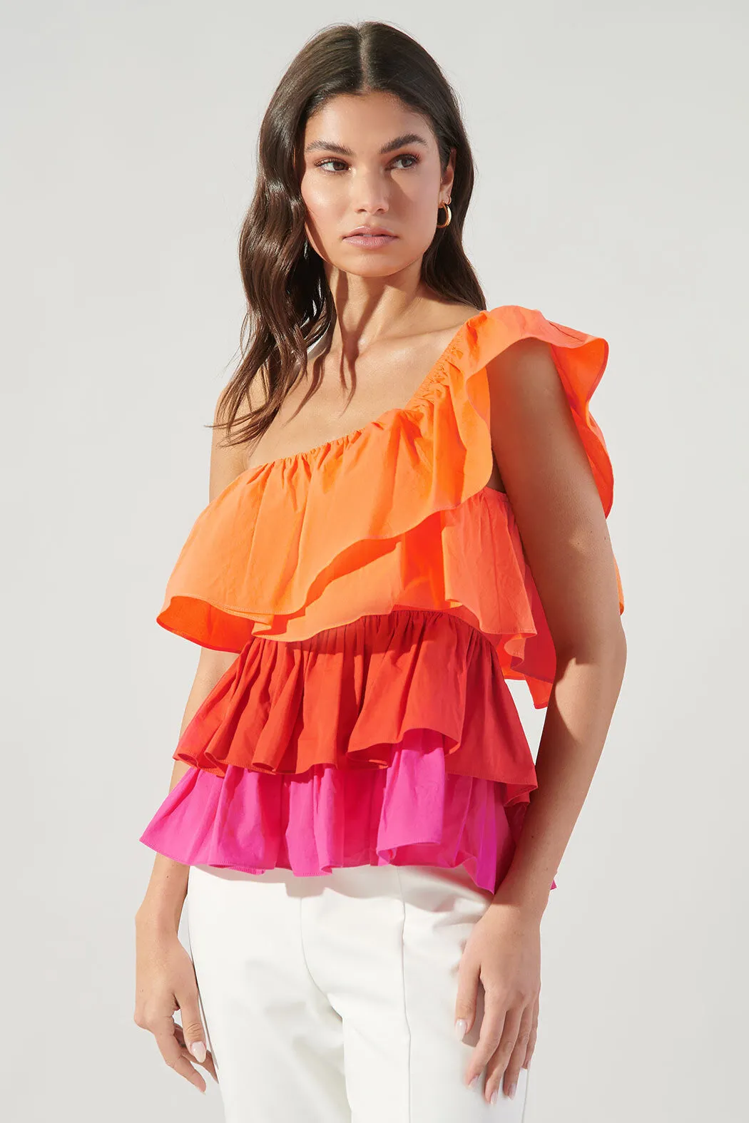 Luciana Colorblock One Shoulder Ruffle Blouse