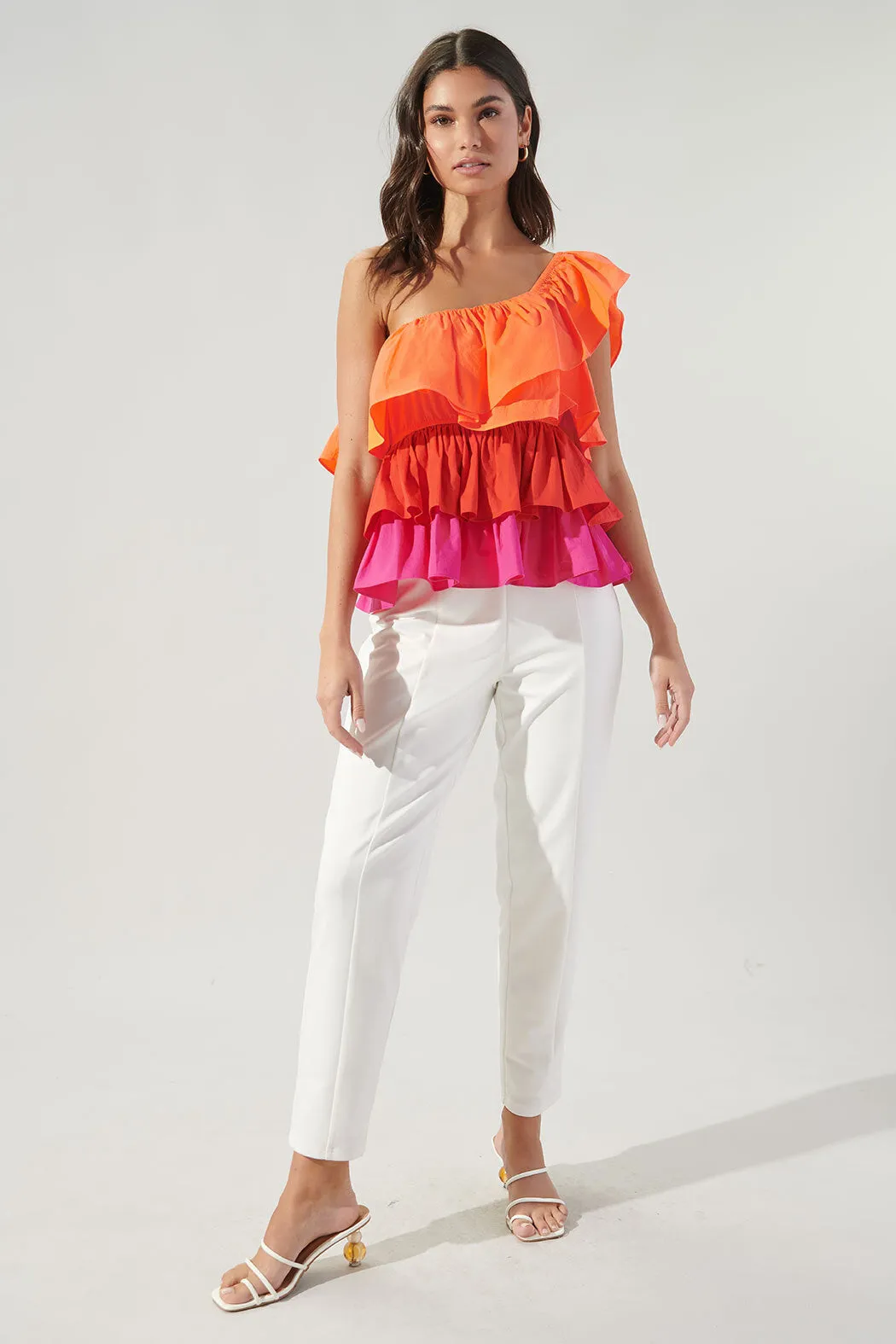 Luciana Colorblock One Shoulder Ruffle Blouse