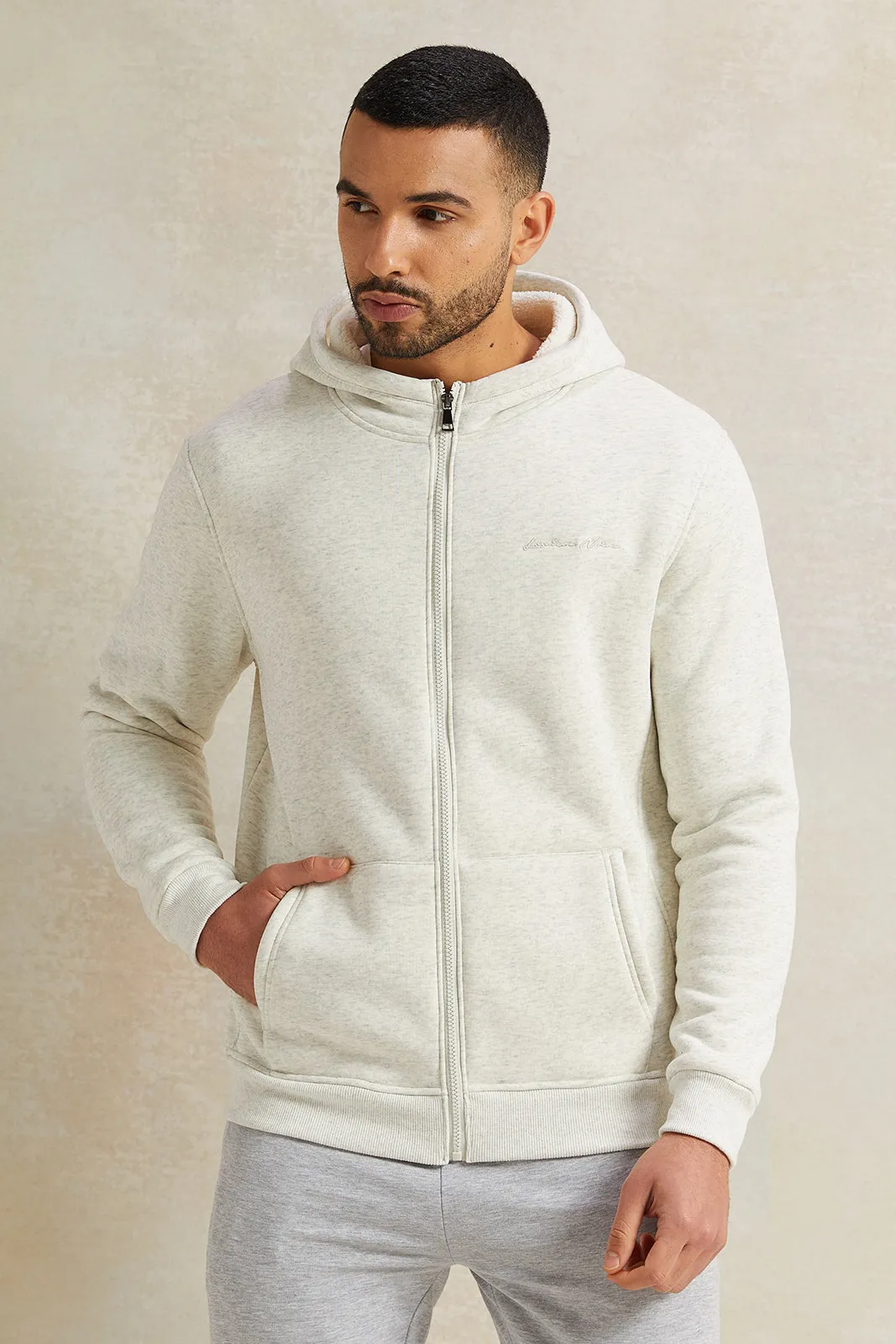 Men Beige Faux Fur Hooded Sweatshirt