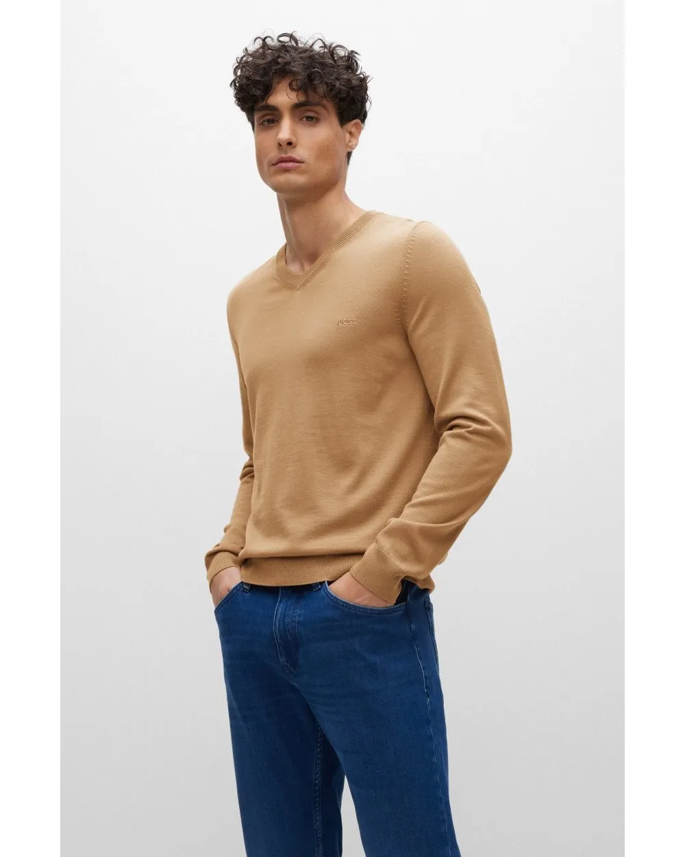 Men's Beige V-Neck Sweaters