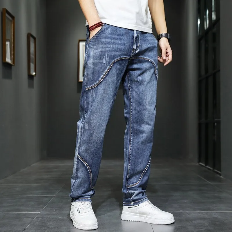 Men's Denim Straight Leg Jeans for Summer - Solid Pattern, Mid Waist, Loose Fit