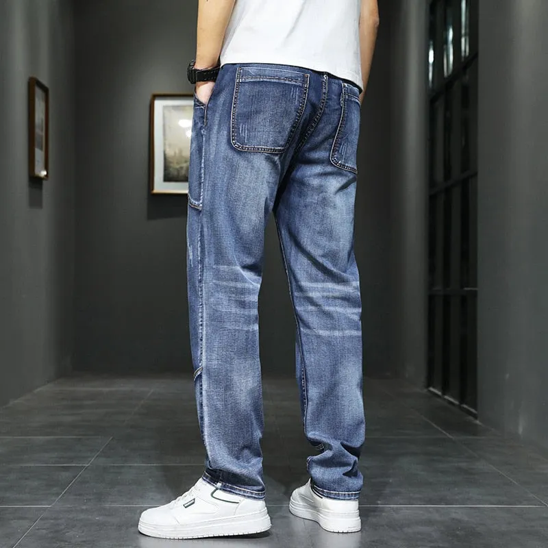 Men's Denim Straight Leg Jeans for Summer - Solid Pattern, Mid Waist, Loose Fit