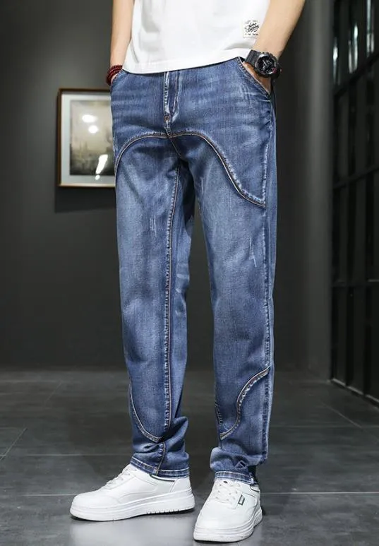 Men's Denim Straight Leg Jeans for Summer - Solid Pattern, Mid Waist, Loose Fit