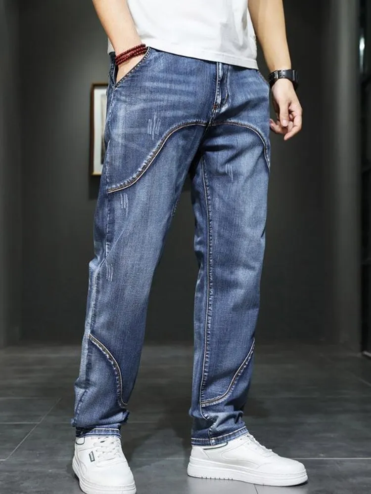 Men's Denim Straight Leg Jeans for Summer - Solid Pattern, Mid Waist, Loose Fit