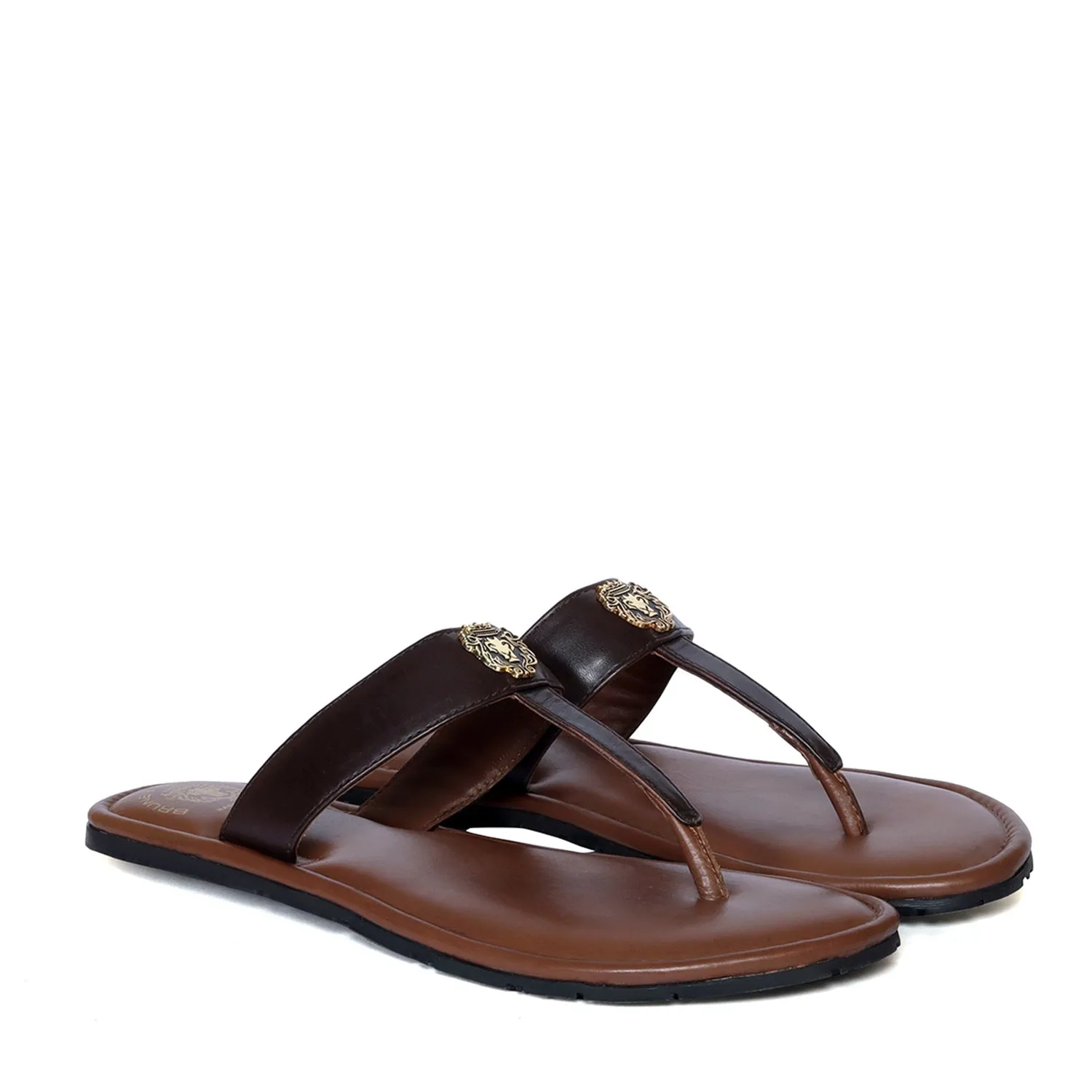 Metal Lion Dark Brown T-Strap Genuine Leather Slide-in Slippers