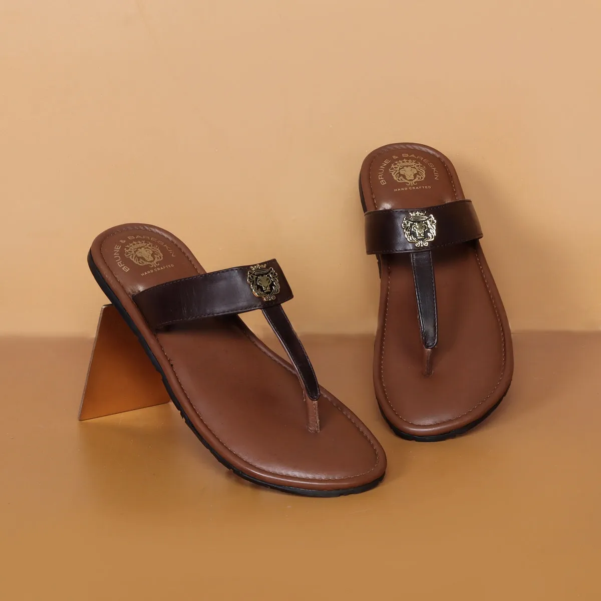 Metal Lion Dark Brown T-Strap Genuine Leather Slide-in Slippers