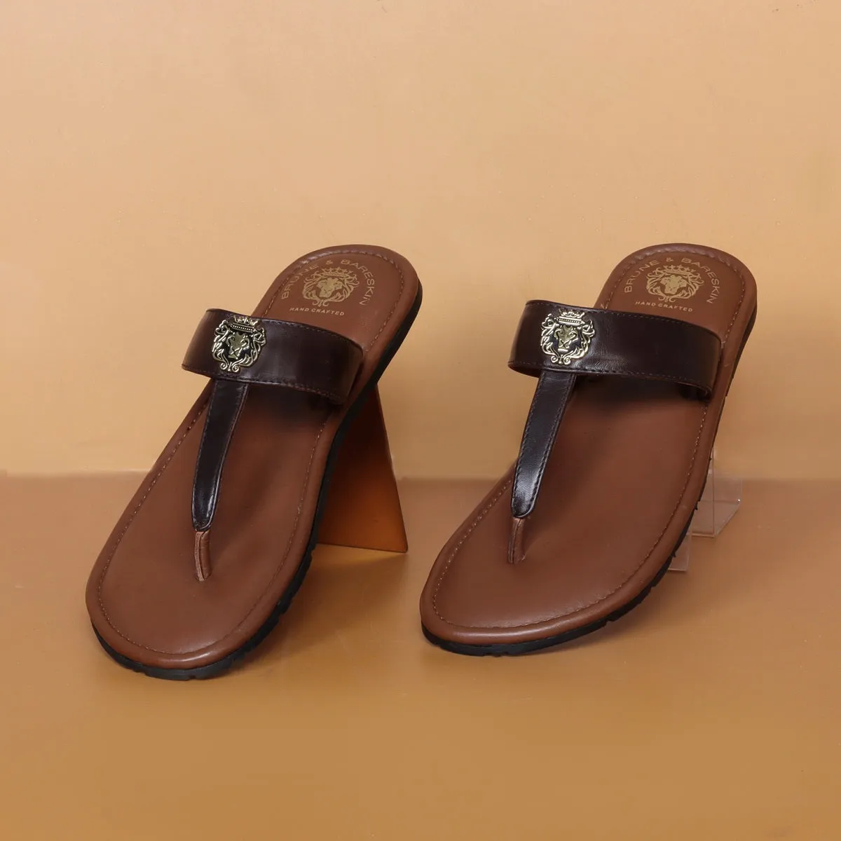 Metal Lion Dark Brown T-Strap Genuine Leather Slide-in Slippers