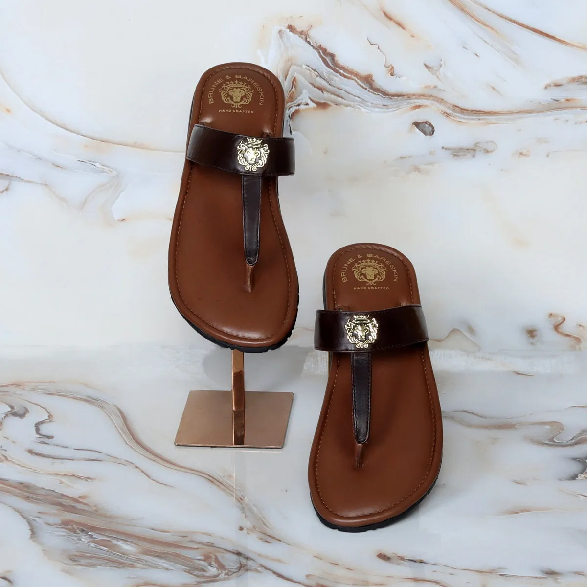 Metal Lion Dark Brown T-Strap Genuine Leather Slide-in Slippers