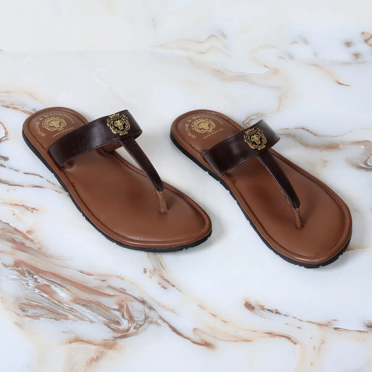 Metal Lion Dark Brown T-Strap Genuine Leather Slide-in Slippers