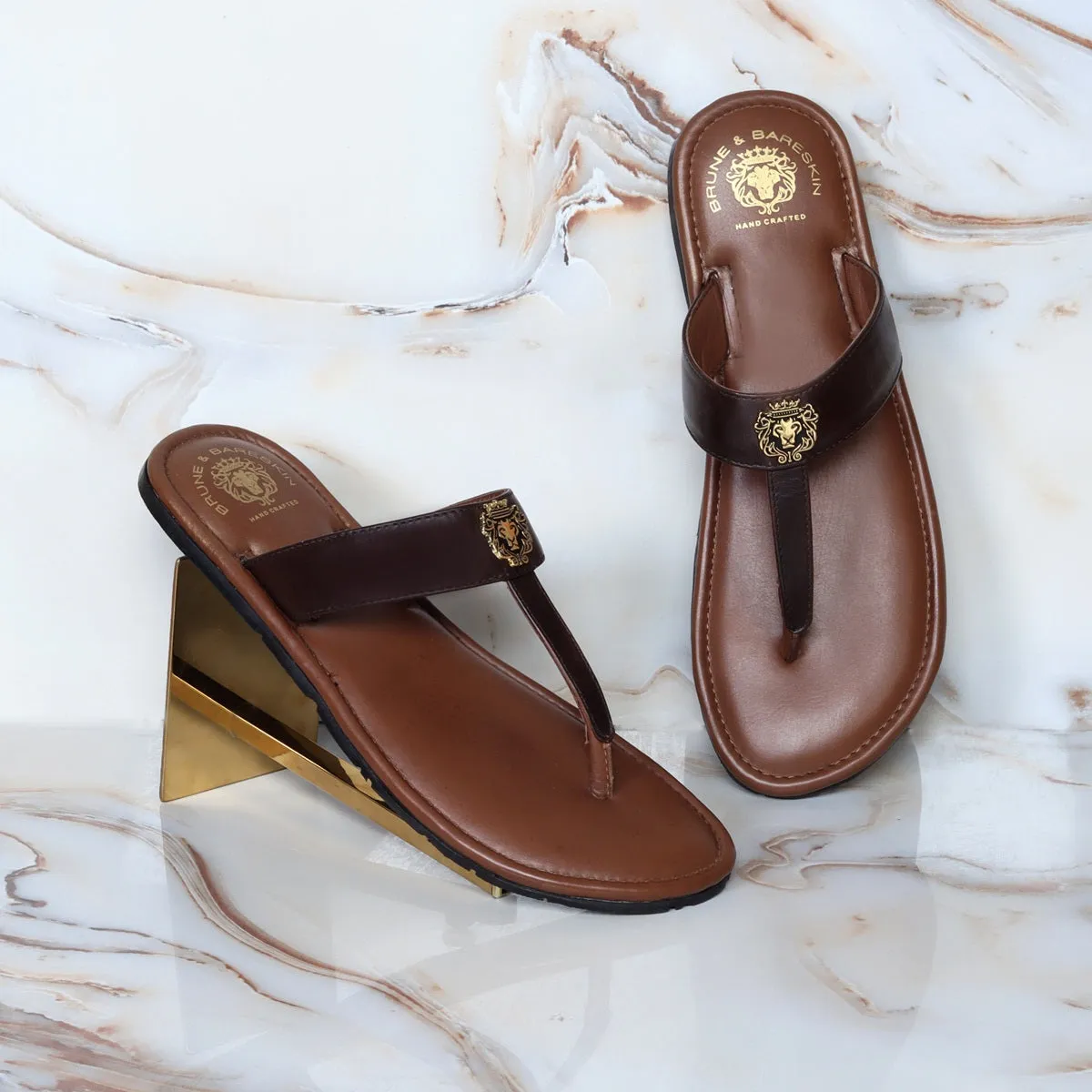 Metal Lion Dark Brown T-Strap Genuine Leather Slide-in Slippers