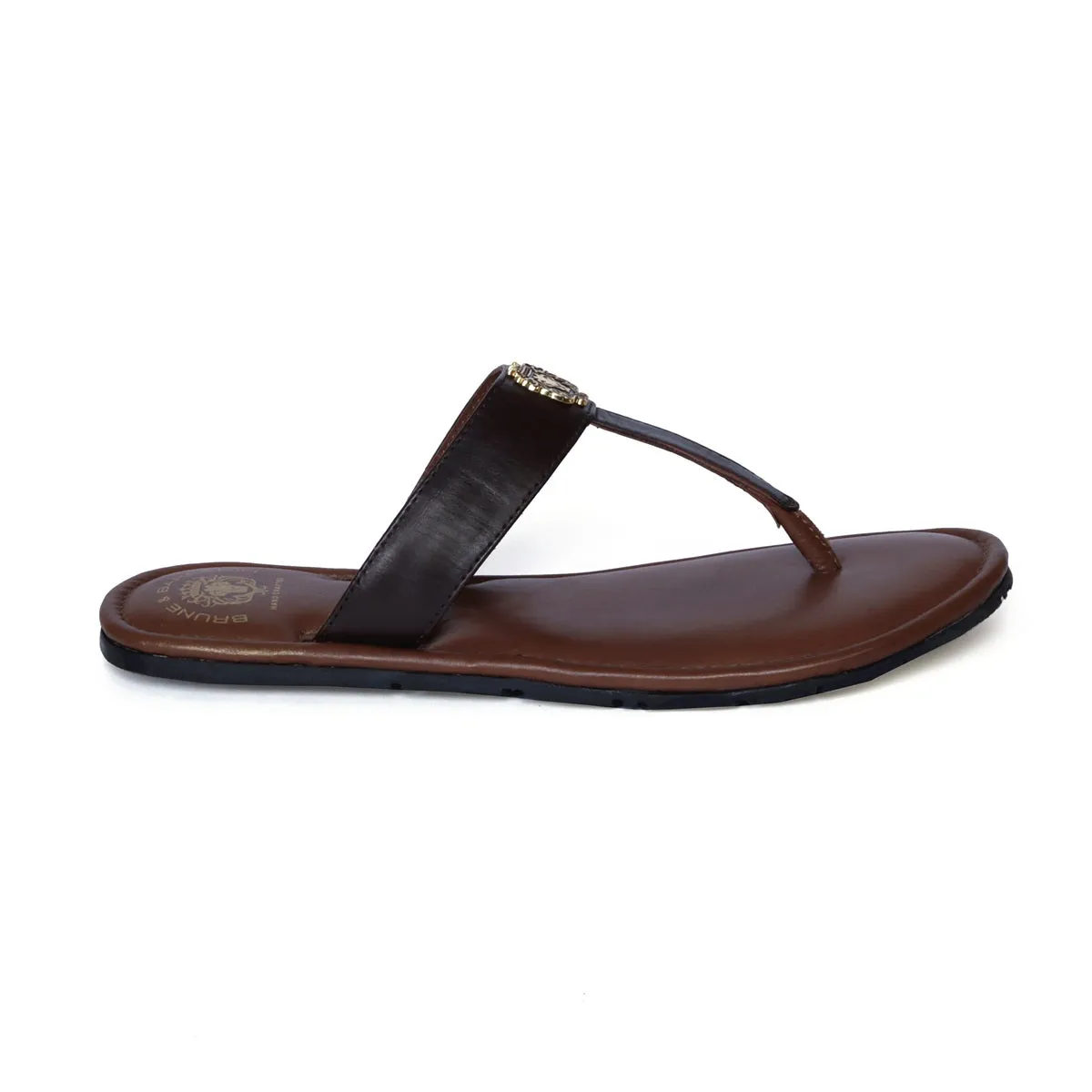 Metal Lion Dark Brown T-Strap Genuine Leather Slide-in Slippers