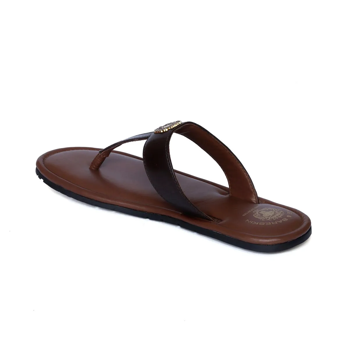 Metal Lion Dark Brown T-Strap Genuine Leather Slide-in Slippers