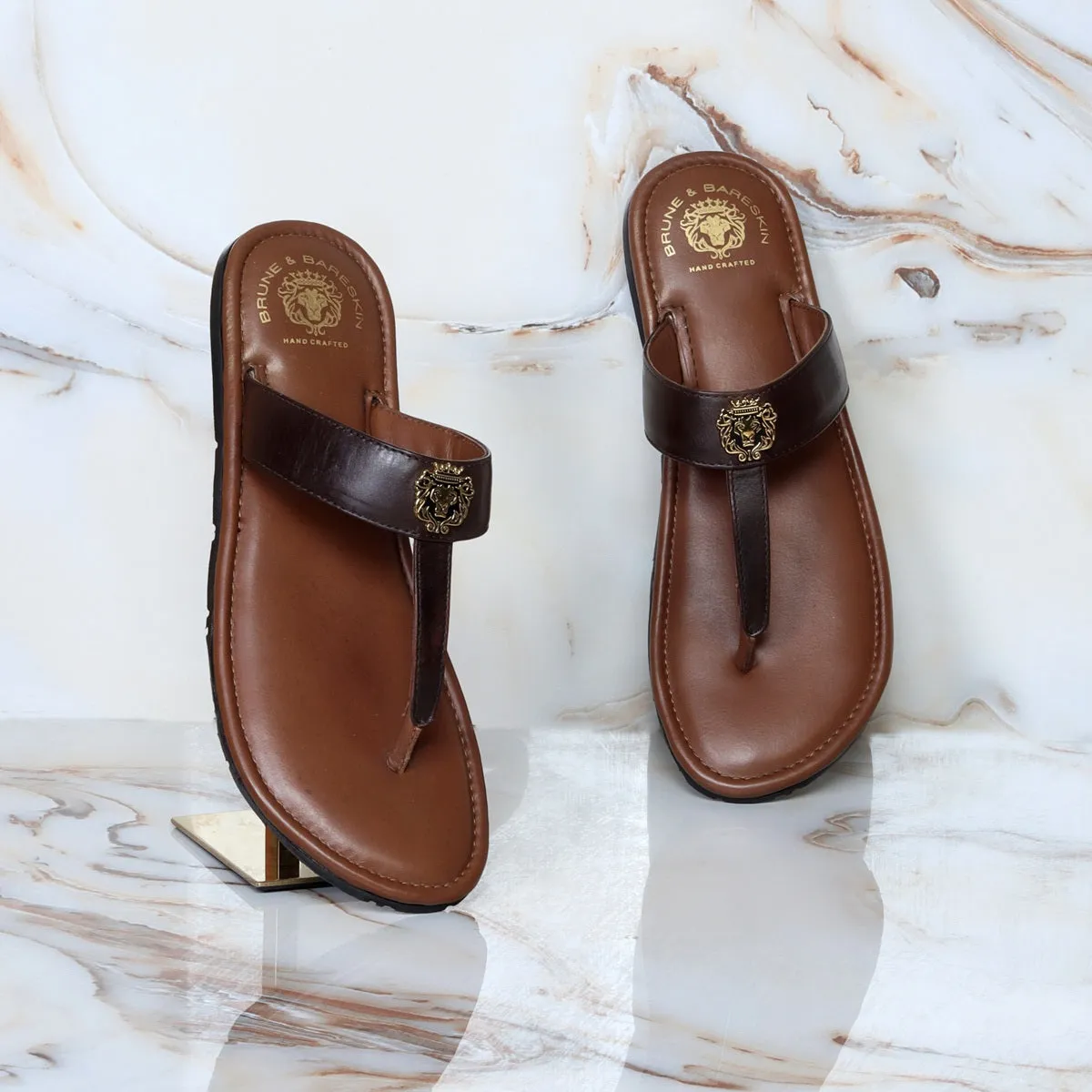 Metal Lion Dark Brown T-Strap Genuine Leather Slide-in Slippers