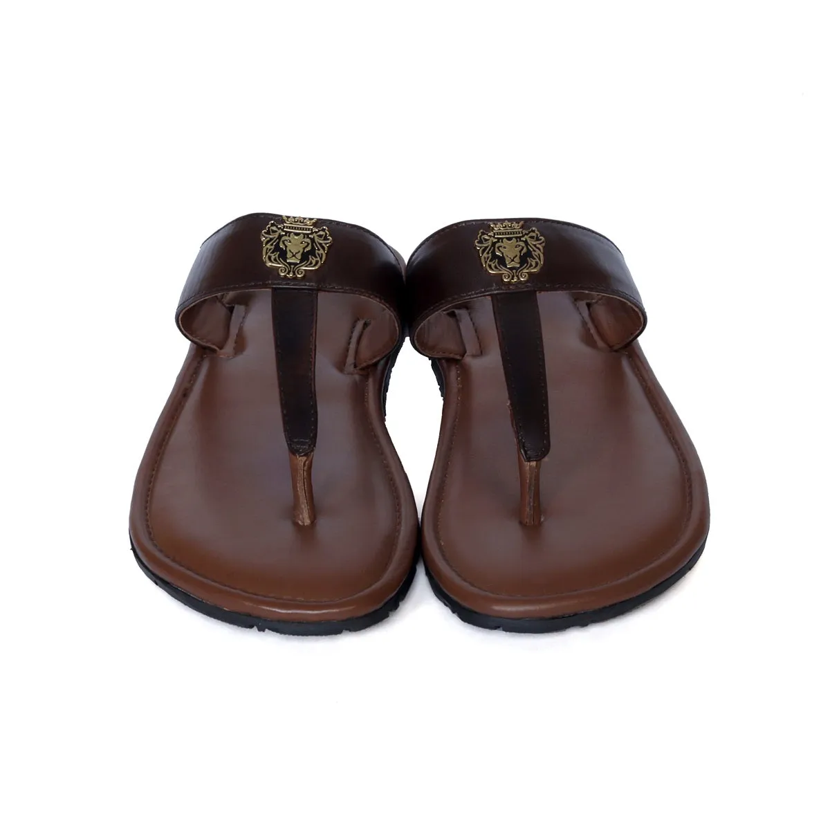 Metal Lion Dark Brown T-Strap Genuine Leather Slide-in Slippers