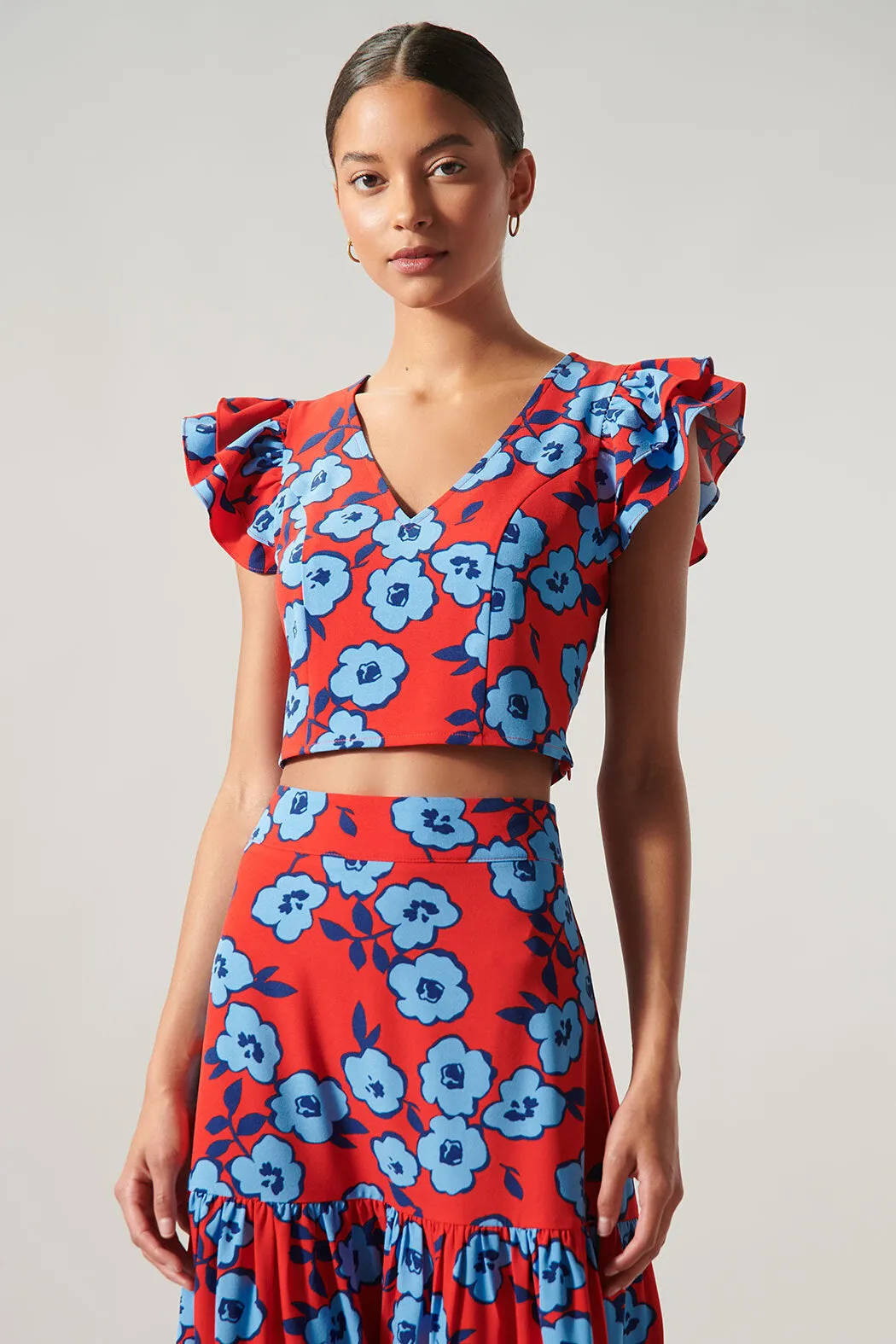 Mira Mar Floral Ruffle Shoulder Crop Top