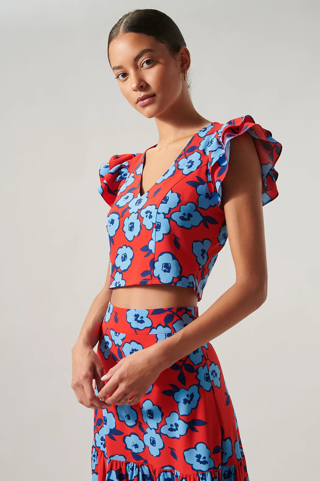 Mira Mar Floral Ruffle Shoulder Crop Top