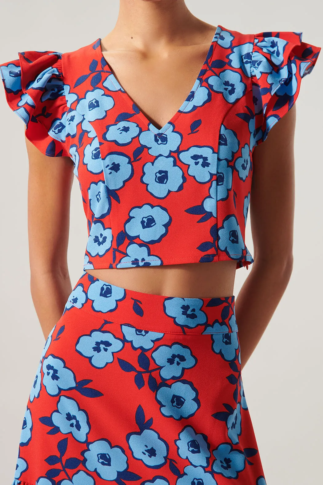 Mira Mar Floral Ruffle Shoulder Crop Top