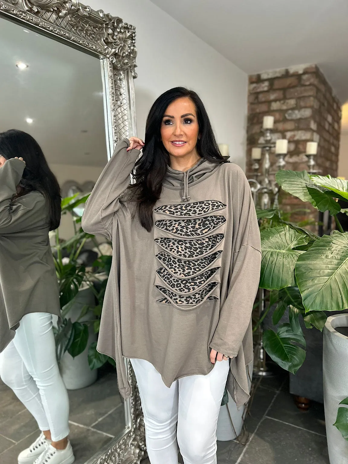 Mocha Distressed Kellie Pullover with Animal Print