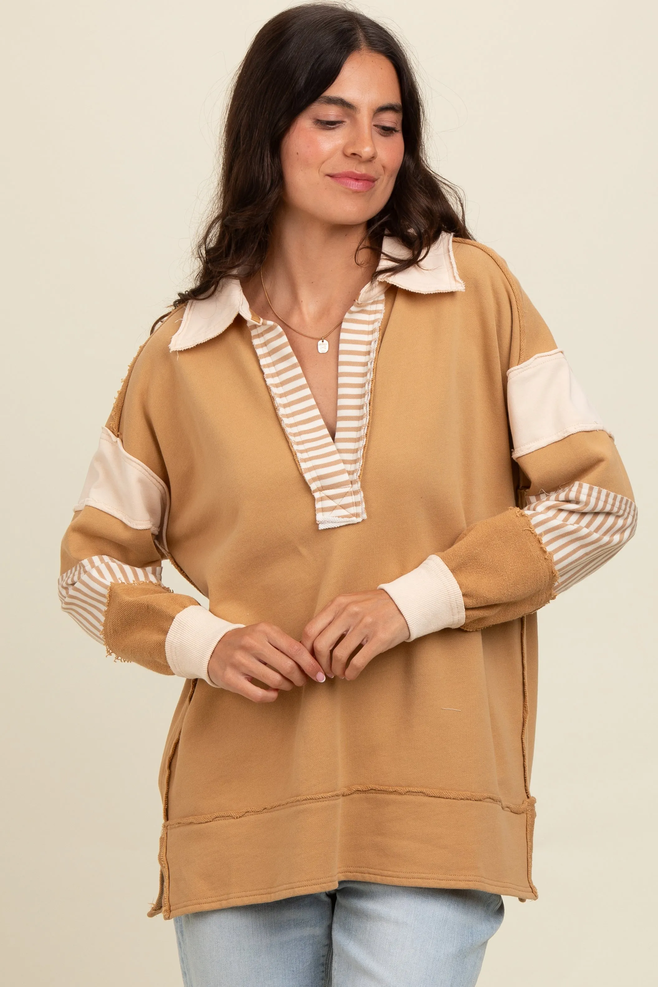 Mocha Colorblock Stripe Polo Pullover Top