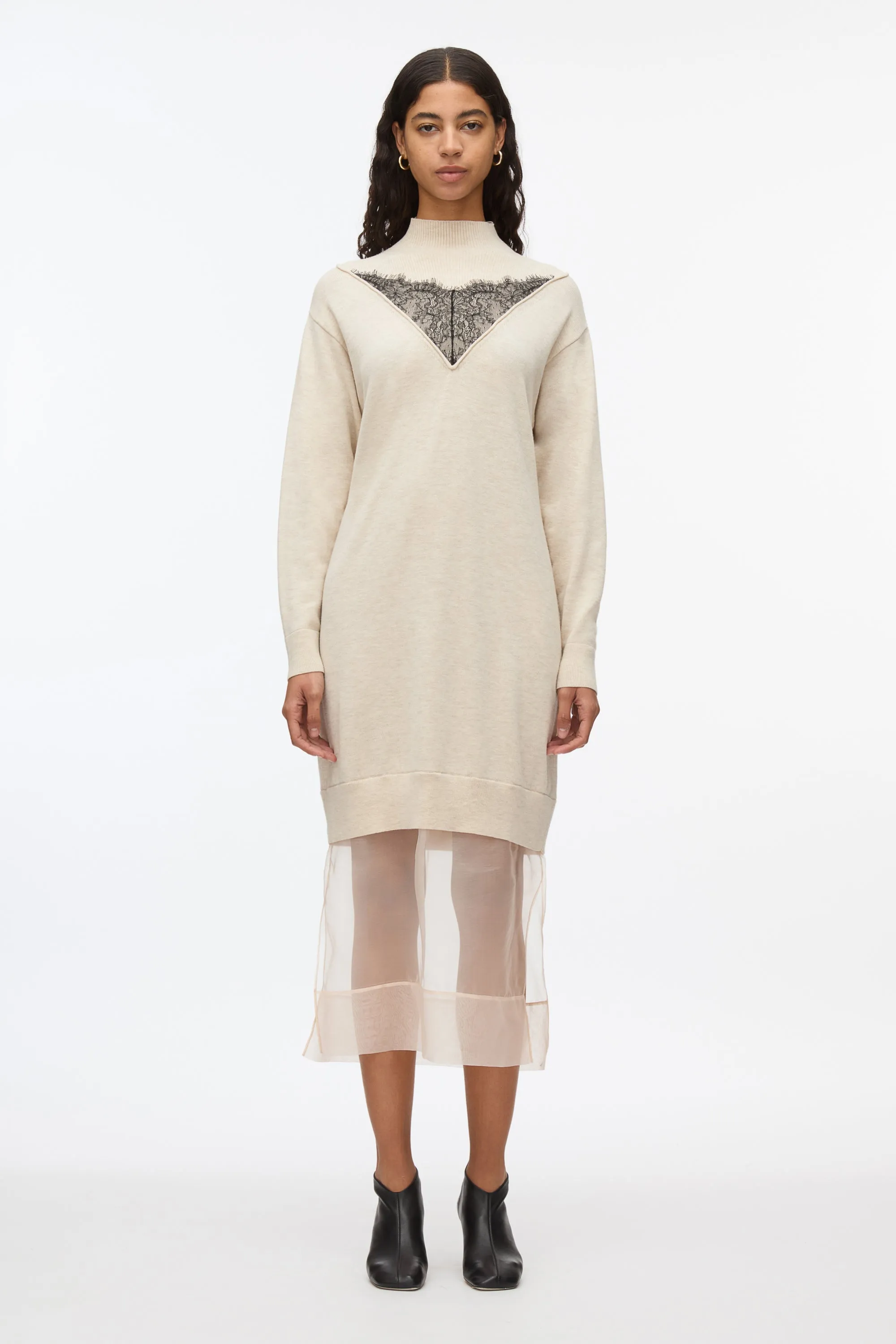 Mockneck Knit Dress with Lace Inlay