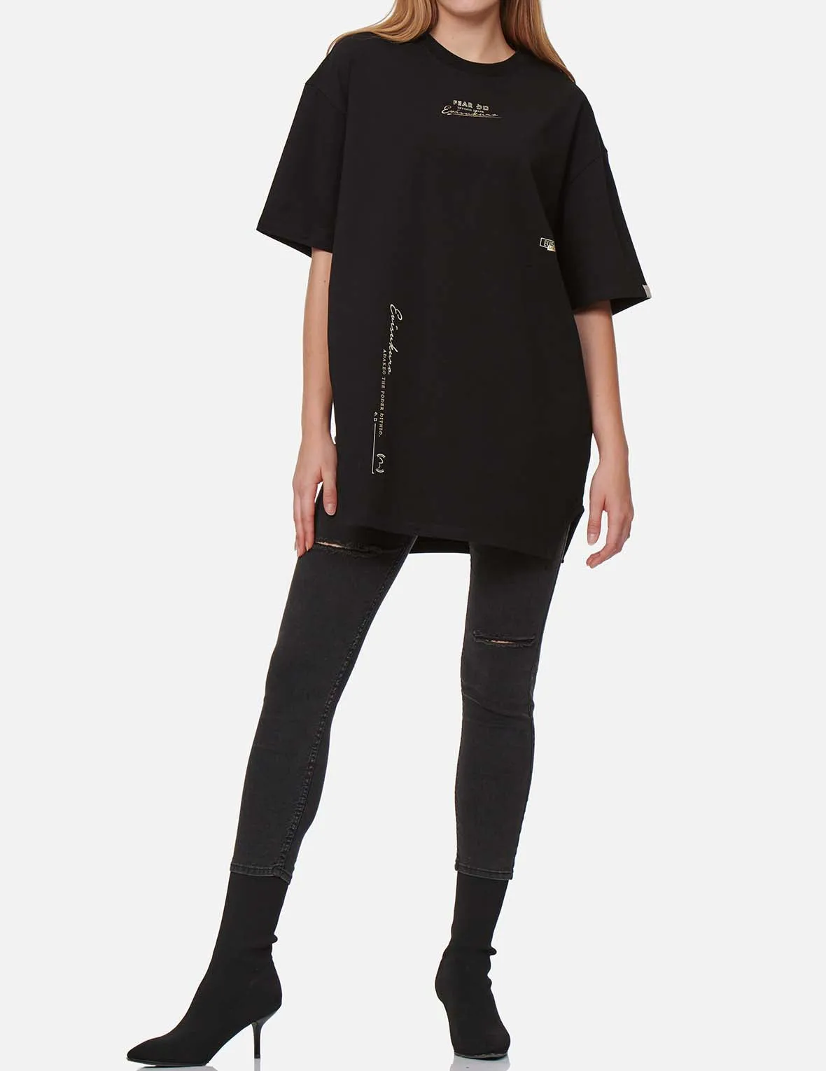 Multi Logo Foil Print Asymmetric T-Shirt