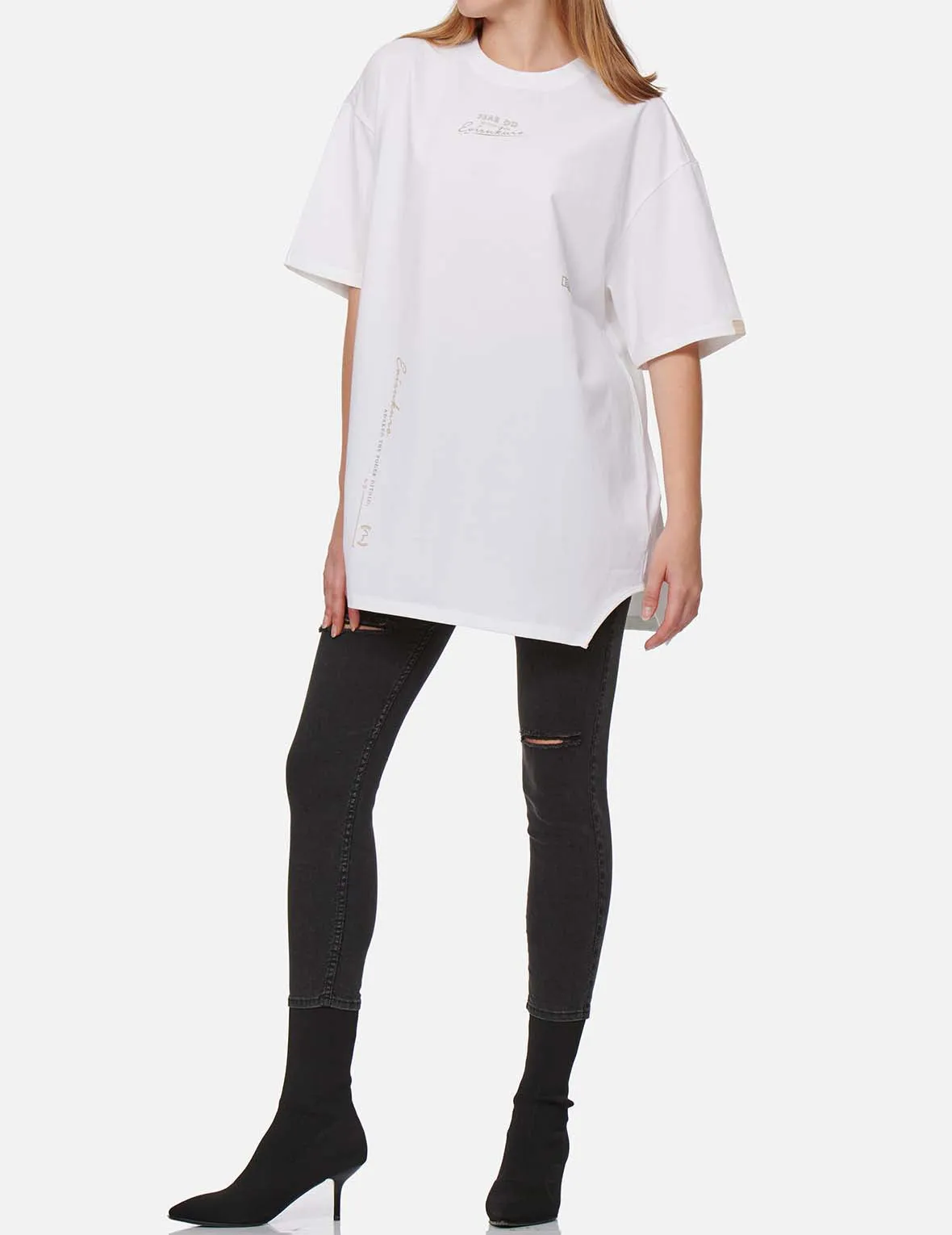 Multi Logo Foil Print Asymmetric T-Shirt