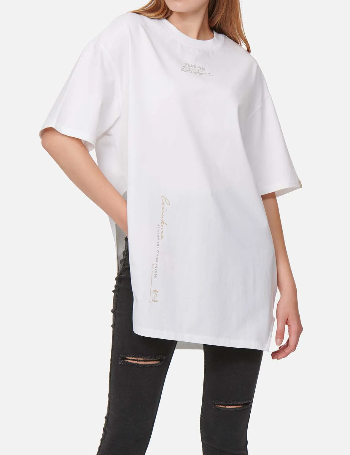 Multi Logo Foil Print Asymmetric T-Shirt