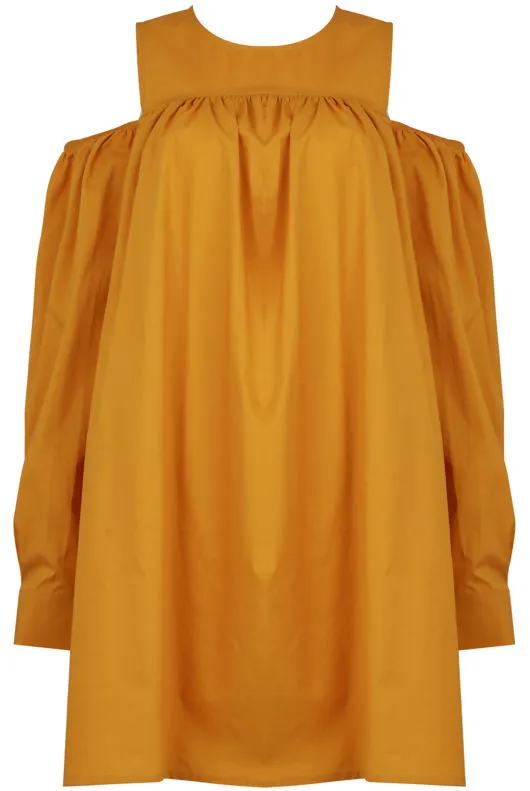 Mustard Ruffle Cold Shoulder Dress