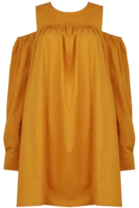 Mustard Ruffle Cold Shoulder Dress