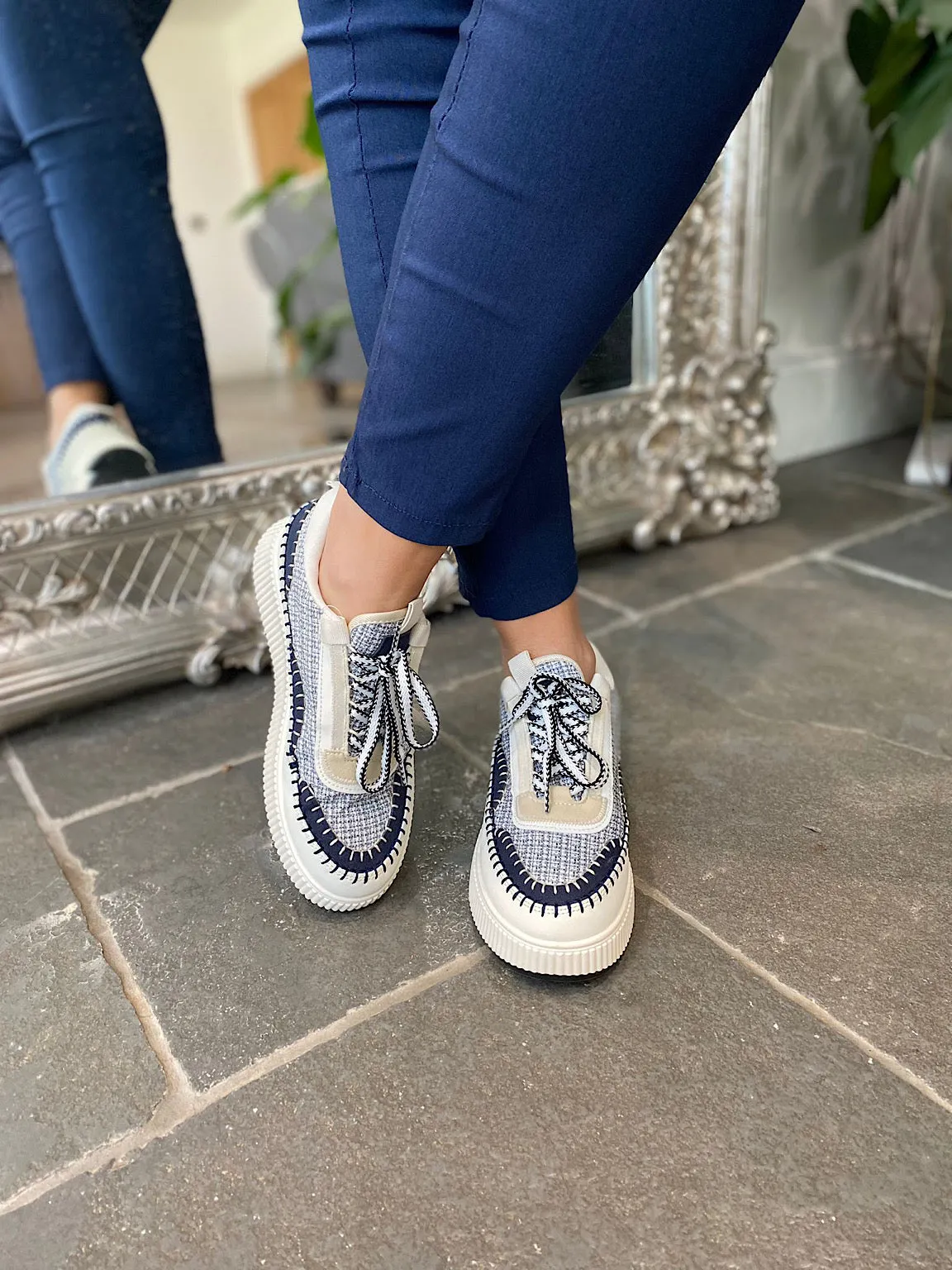 Navy Textured Platform Sneakers