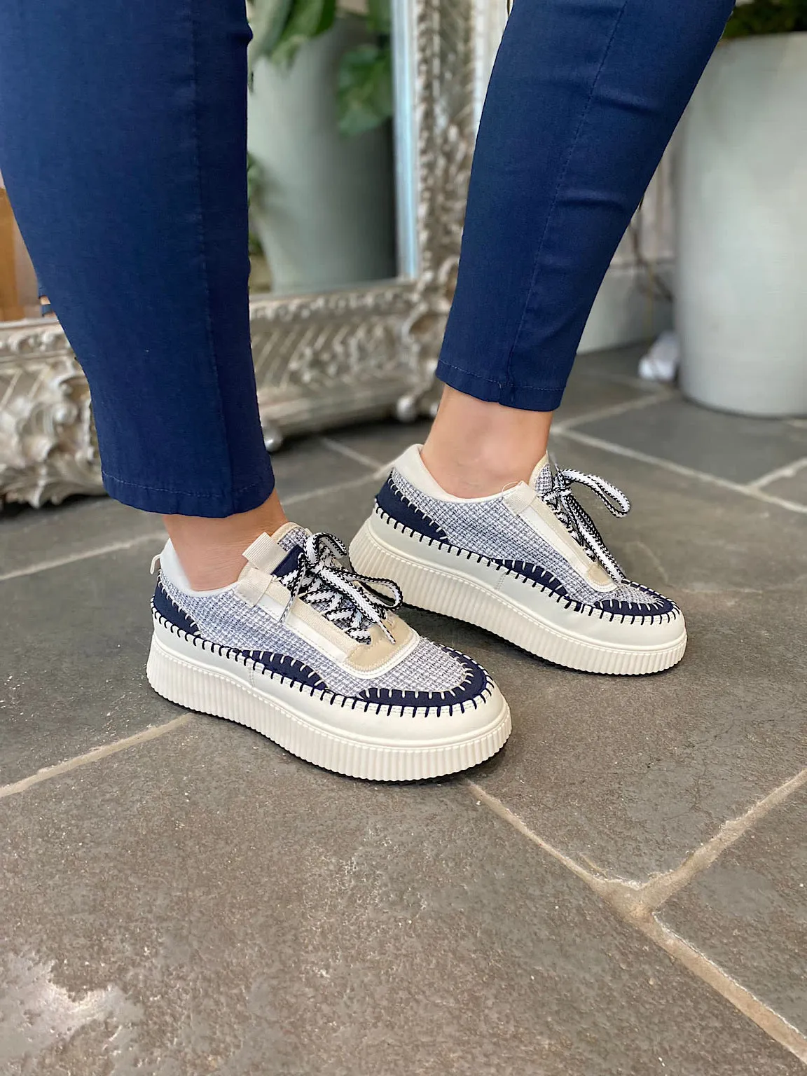 Navy Textured Platform Sneakers