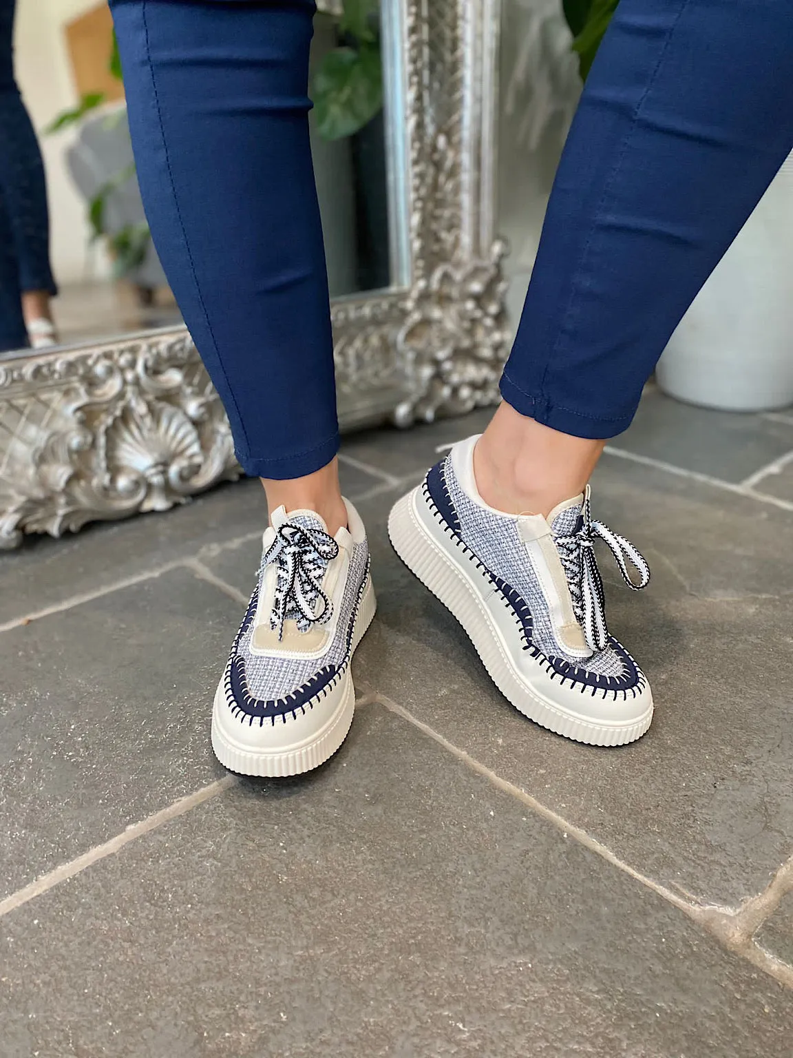 Navy Textured Platform Sneakers