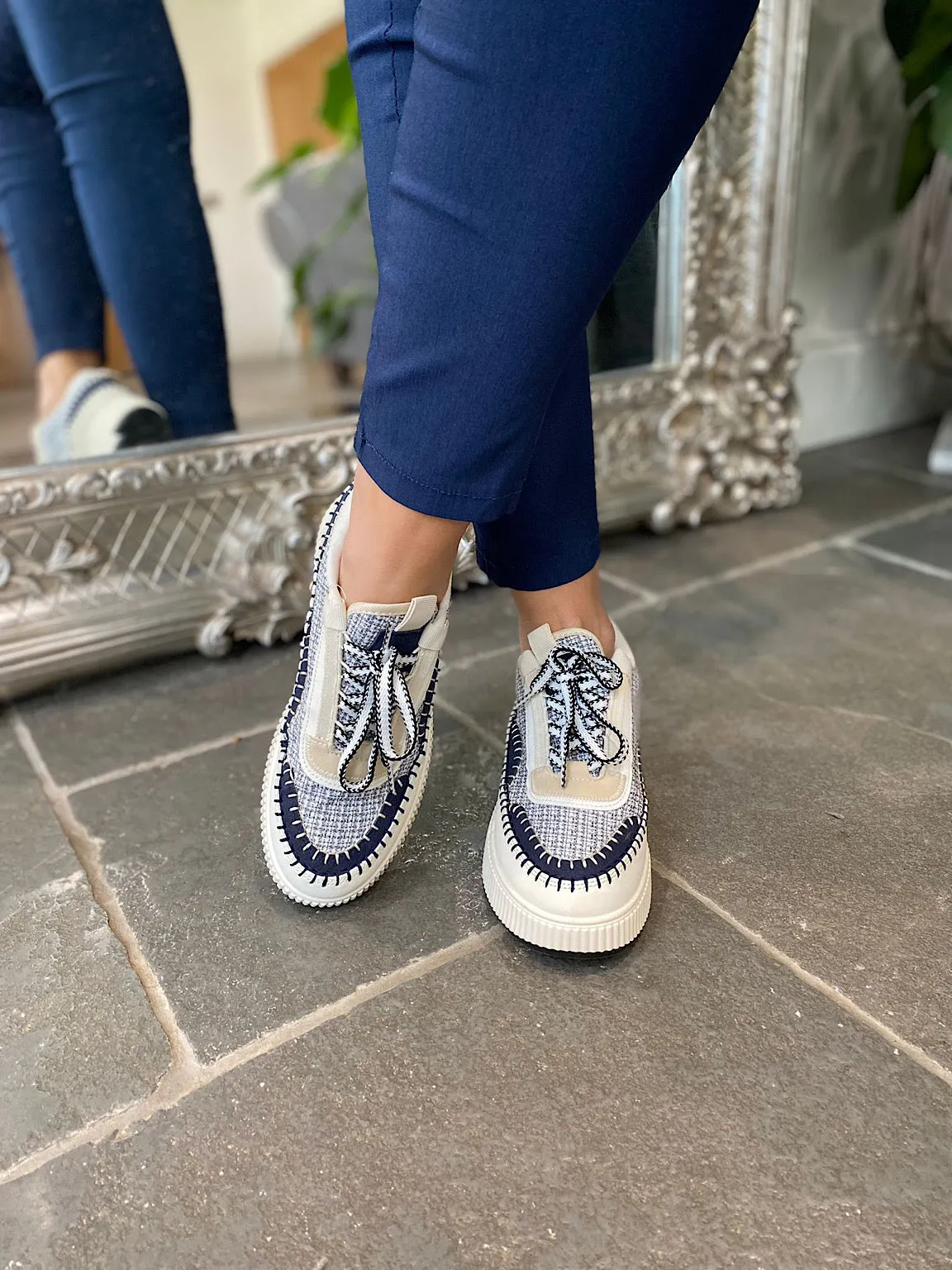 Navy Textured Platform Sneakers