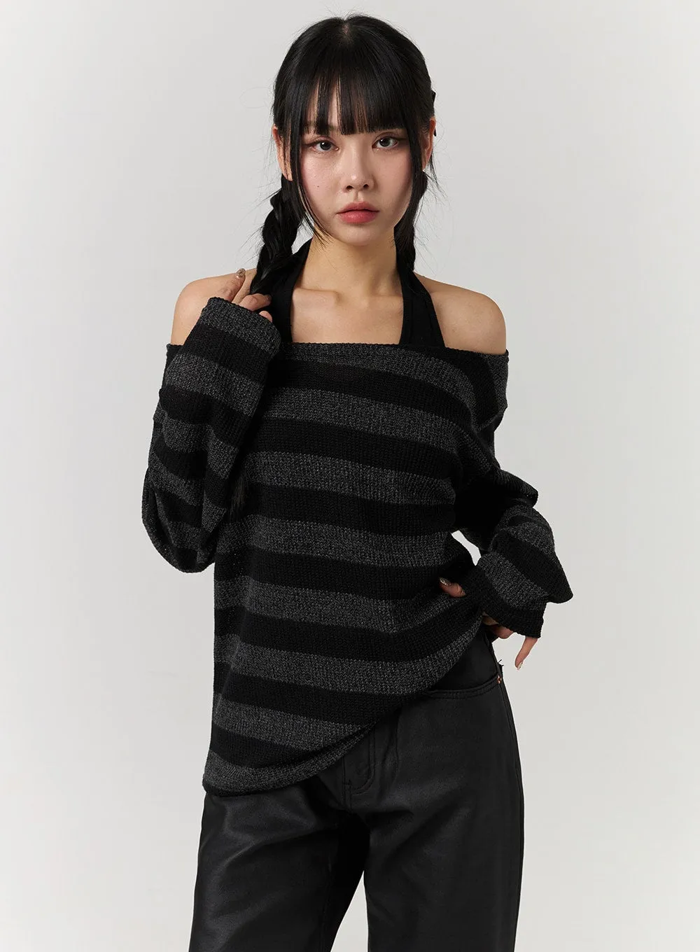 Striped Off-Shoulder Long Sleeve Top CJ405