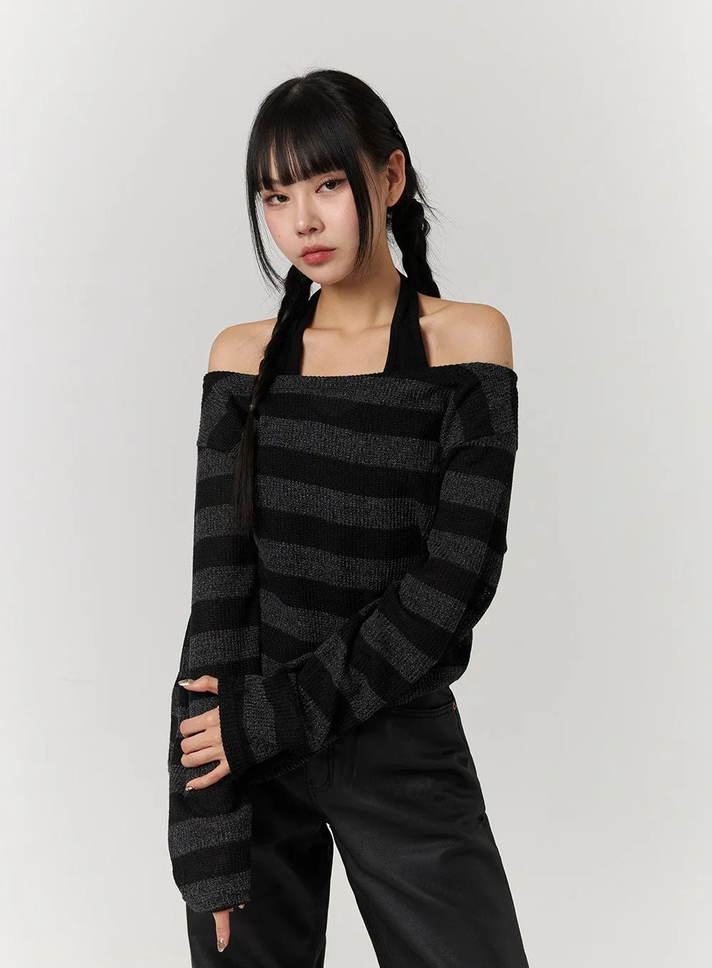 Striped Off-Shoulder Long Sleeve Top CJ405