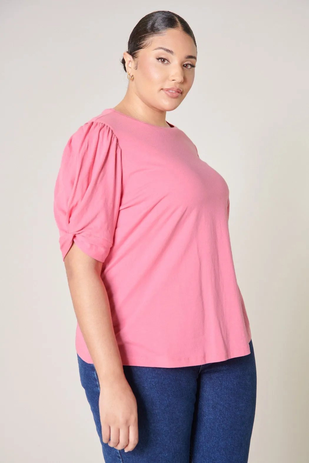 Olivia Knot Puff Sleeve Cotton Knit Top Curve